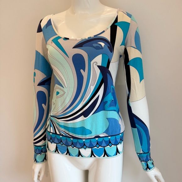Emilio Pucci Blue Abstract Print Long-Sleeve Scoop Neck Top